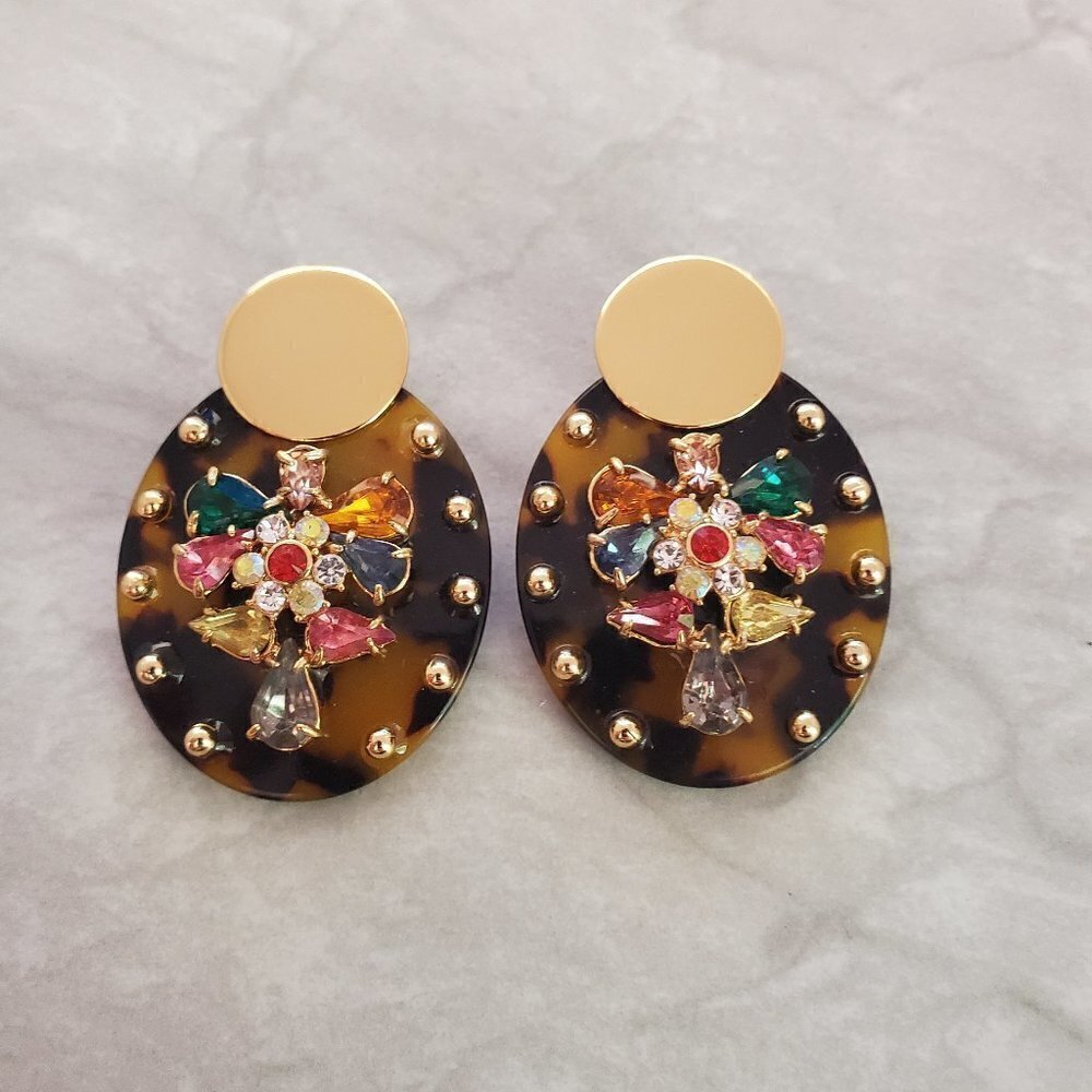 ✨ J.Crew Tortoise Shell Rhinesontes Crystsals Cluster Statement Earrings ✨